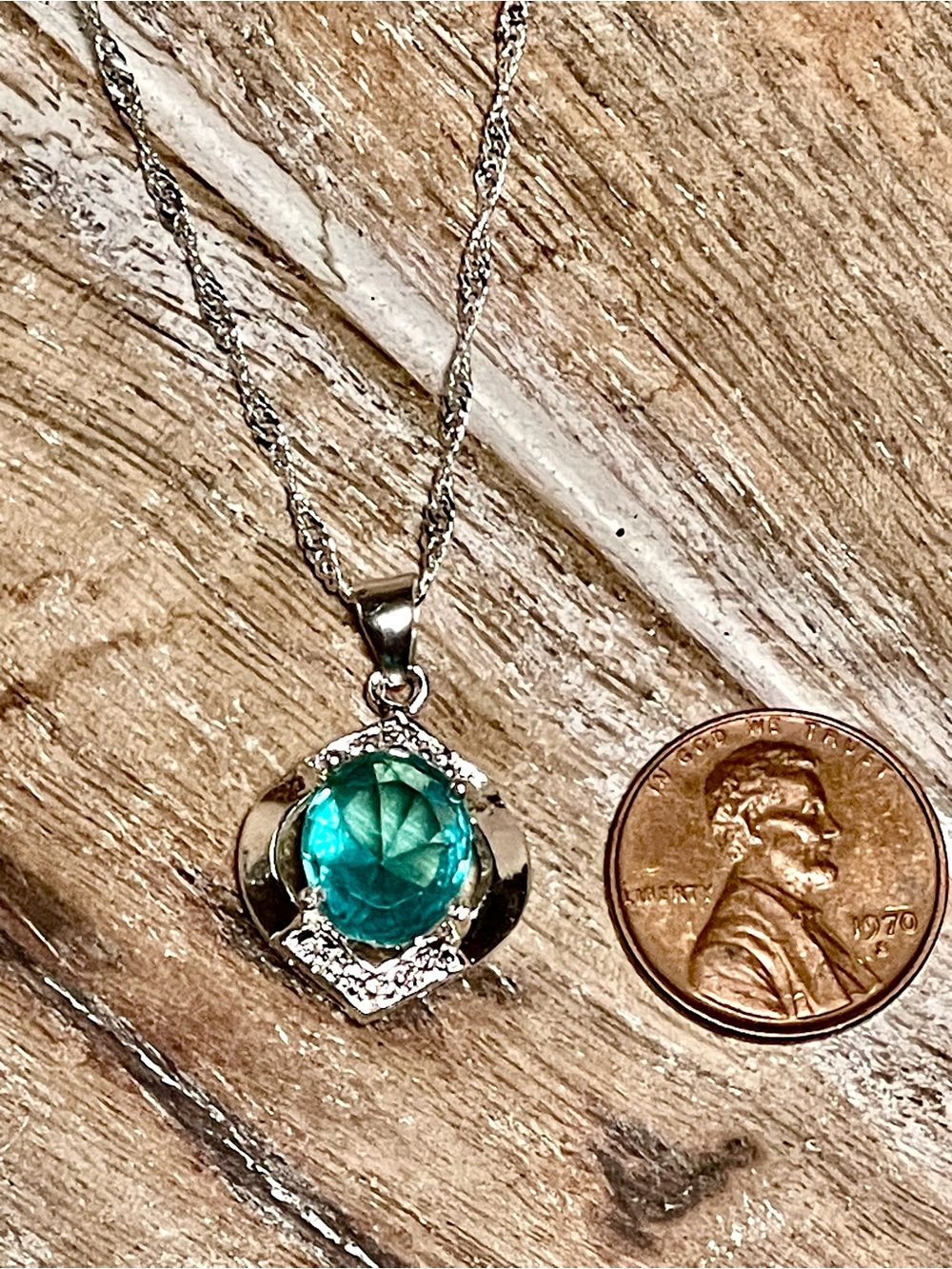 Sterling Silver Necklace with Bright Teal Crystal Pendant - Picture 3 of 5
